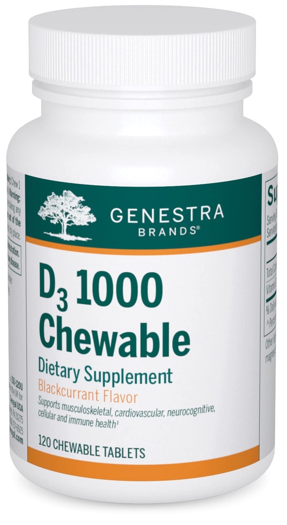 Genestra Brands D3 1000 Chewable Bis 124; witamina D Supplement Bis 124; 120 Tabletki do rozgryzania i żucia Bis 124; Natural Blackcurrant Flavor