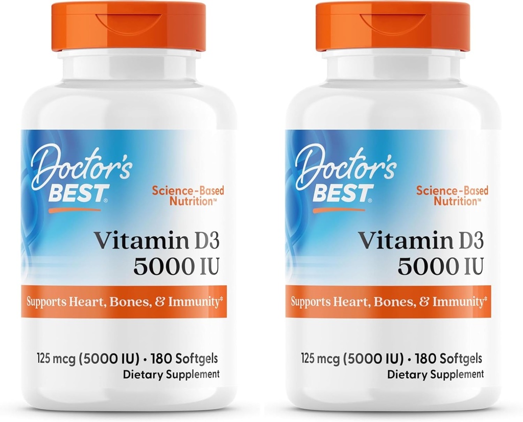 Doctor 's BEST Witamina D3 5000IU, Non-GMO, Gluten & Soy Free, Reguluje funkcje immunologiczne, Wspiera zdrowe kości, Biały, Brak zapachu, 180 Hrabia (Opakowanie 2)