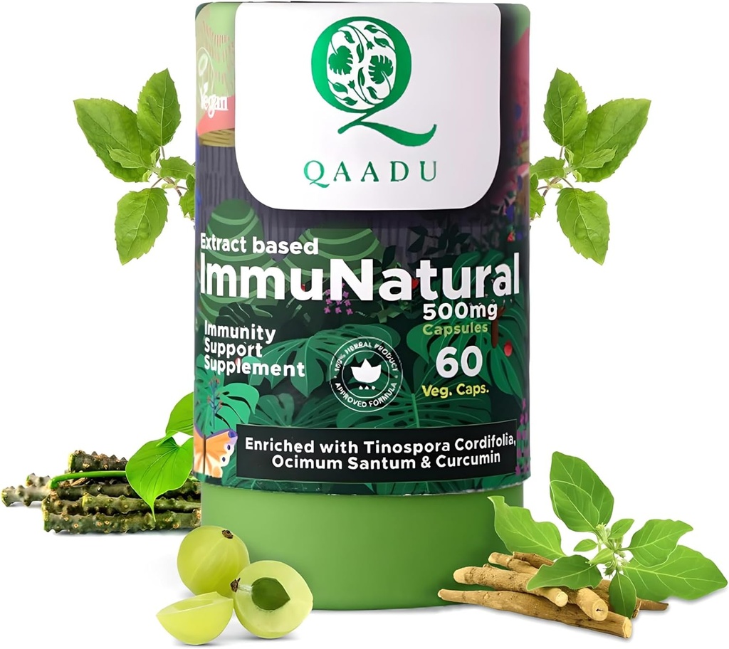 ImmuNatural dla dorosłych 60 Kapsułki 124; Naturalny, Wegan Ayurvedic Immunity Boosters 124; Ashwagandha Tulsi Amla Haldi Muleti Giloy 124; Nadaje się do 13 Lat + 500mg