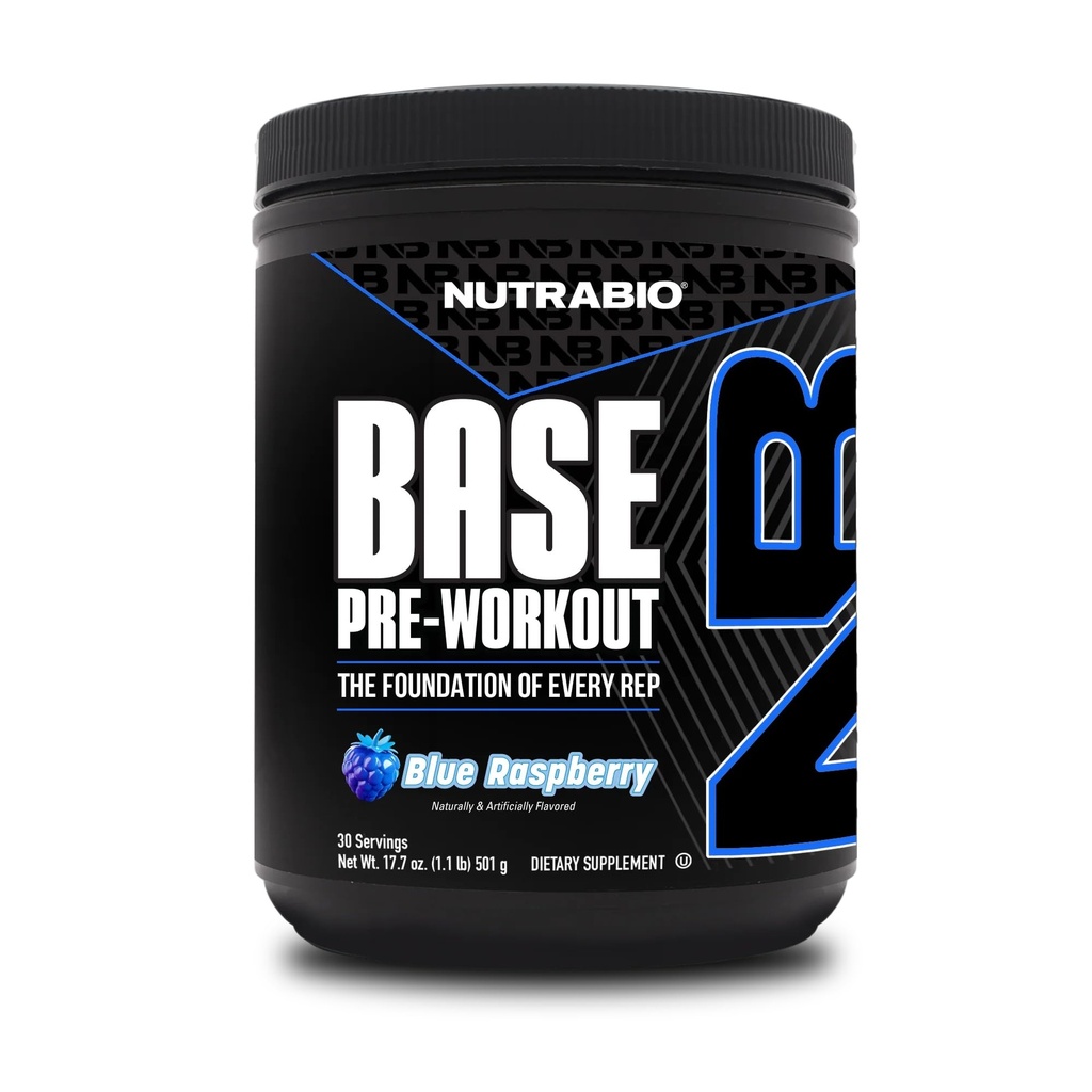 NutraBio Base Pre- Workout Proszek 200mg kofeina, Trwała energia, Focus, Endurance, Pompa, Cukier wolny, Czyste przygotowanie dla mężczyzn i kobiet - Beta Alanine, L- Tyrozyna, 30 Służenie - Niebieski Malina