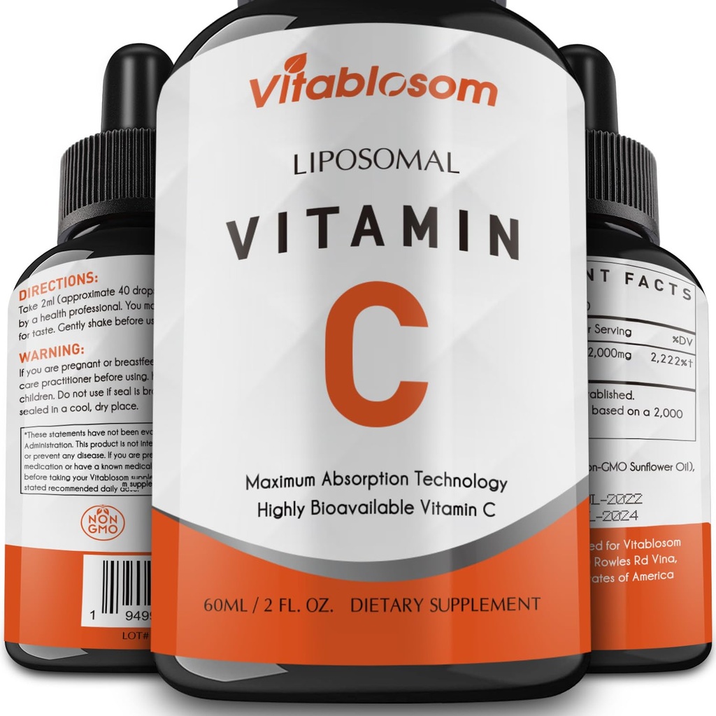 Witamina liposomalna C 2000mg Płyn dla dorosłych, Wysoka Absorpcja VIT C, Maksymalizacja Witaminy C, System immunologiczny i Przeciwutleniacz Wsparcie, 60ML (1 butelka)