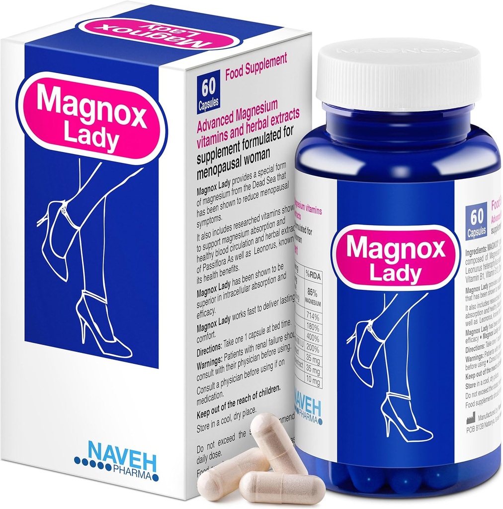 MAGNOX ® Lady Magnezu Suplement 124; Menopauza i PMS Suplement wsparcia dla kobiet 124; Kompleks magnezu z witamin B6, B1, B12, D, Cynk 124; Wysoka Absorpcja Martwego Morza Organiczny 124; 60 Kapsułki wegetariańskie