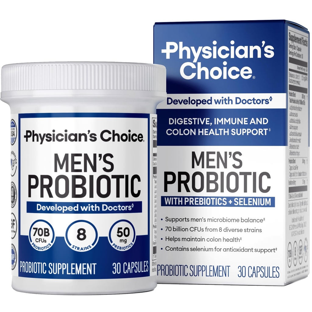 Probiotyka wyboru lekarza dla mężczyzn - 70 Miliard CFU - 8 Szczepów - w / Selenium & Organic Prebiotyki - Pomaga Digestive Health, Microbiome, Colon, & Immune Health - Advanced Men 's Probiotic - 30ct