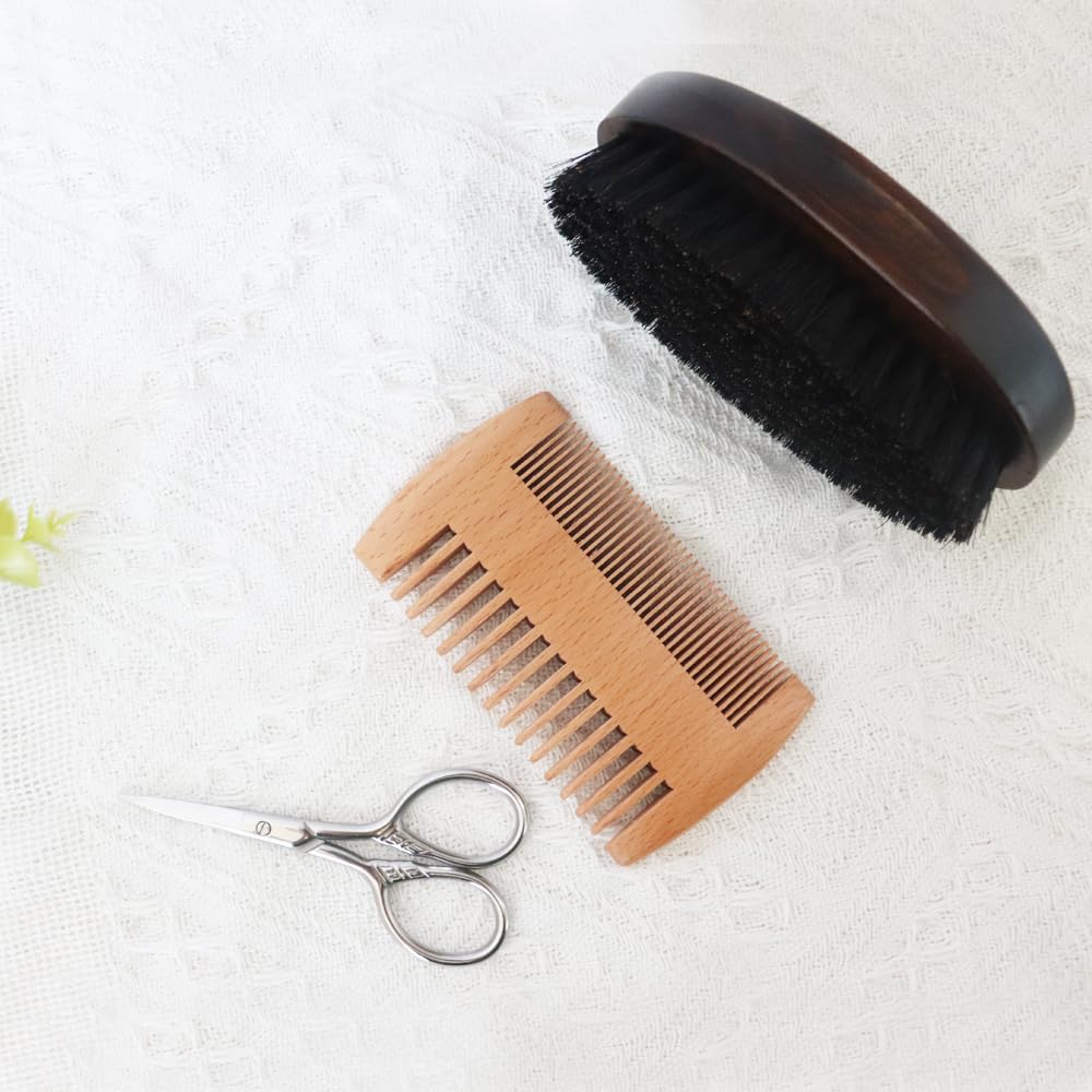 Beard Grooming Kit, Beard Care Set, Men 's Grooming Kit, Beard Trimming Kit, Natural Boar Bristle Brush and Pear Wood Comb Set for Men - Podwójne działania Grooming dla Beards i Muskades