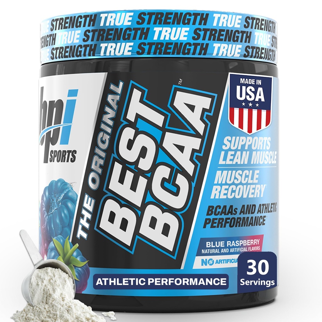 BPI Sports Best BCAA Proszek - Wsparcie Odzyskiwania Mięśnie - Branched Chain Amino Acids 124; Building Blocks of Protein and Muscle - Post Workout Recovery - Hydration - Blue Malina, 30 Służenie