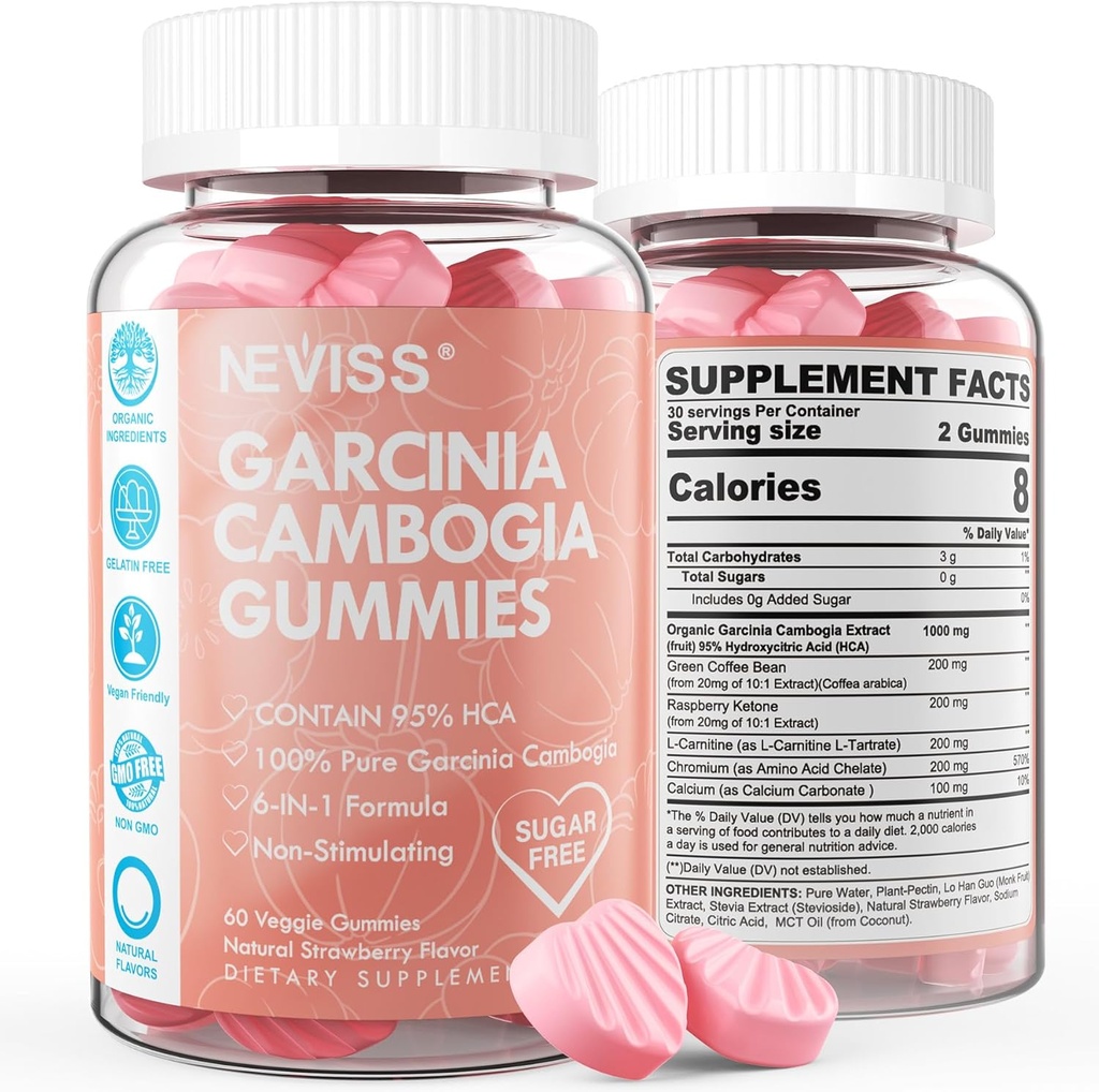 Bez cukru Garcinia Cambogia Gummies 1000mg 95% HCA z L-Carnitine, Malina Keton, Chrom, Zielona Fasola kawa dla metabolizmu, Energy Boost, 100% Organic Extract, Wegan, Strawberry Flavor 120 Cts