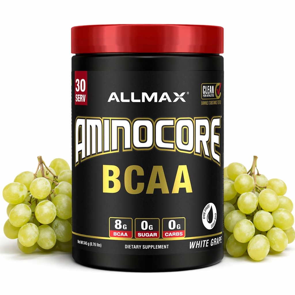 ALLMAX AMINOCORE AMINOCORE BCAA Proszek, 8.18 Gramy aminokwasów, Intra i Post Workout Recovery Drink, Gluten Free, Biały Grape, 315 g