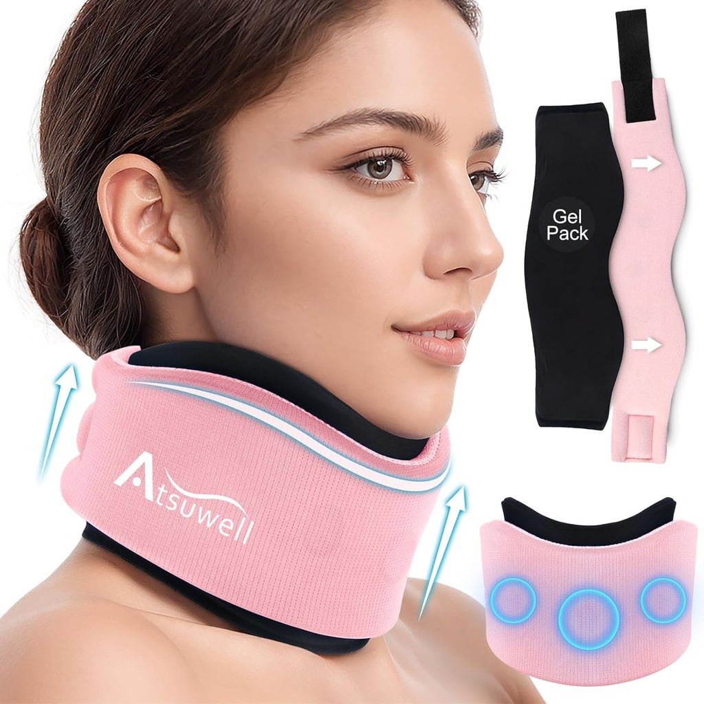 Atsuwell Soft Neck Brace Cervical Collar, Regulowany uchwyt na szyi z zdejmowalnym żel Pack, wielokrotnego użytku Ice Wrap dla prawidłowej postawy, Śpiący, Różowy