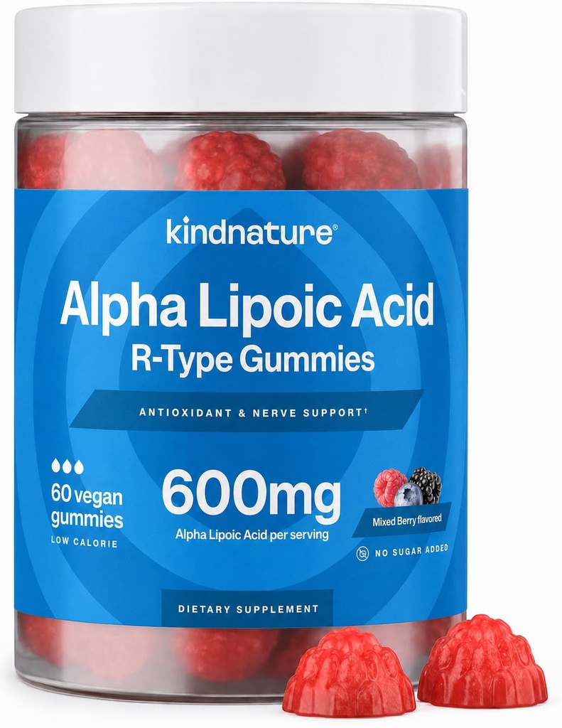 kindernature Alpha Lipoic Acid Gummies - Neuropatia Suplementy - Wegan, Cugar-, Niskie Calorie 600 mg ALA Suplement - Pure ALA Alpha Lipoic Acid 600mg dla przeciwutleniaczy Suplementy odżywcze