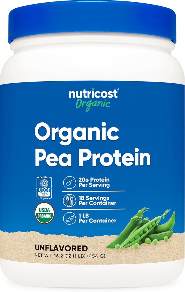 Nutricost Organic Pea Protein Powder (1 LB) Unflavored - Certified USDA Organic, Białko z roślin, Wegetariański Przyjazny, Gluten Free, Non-GMO