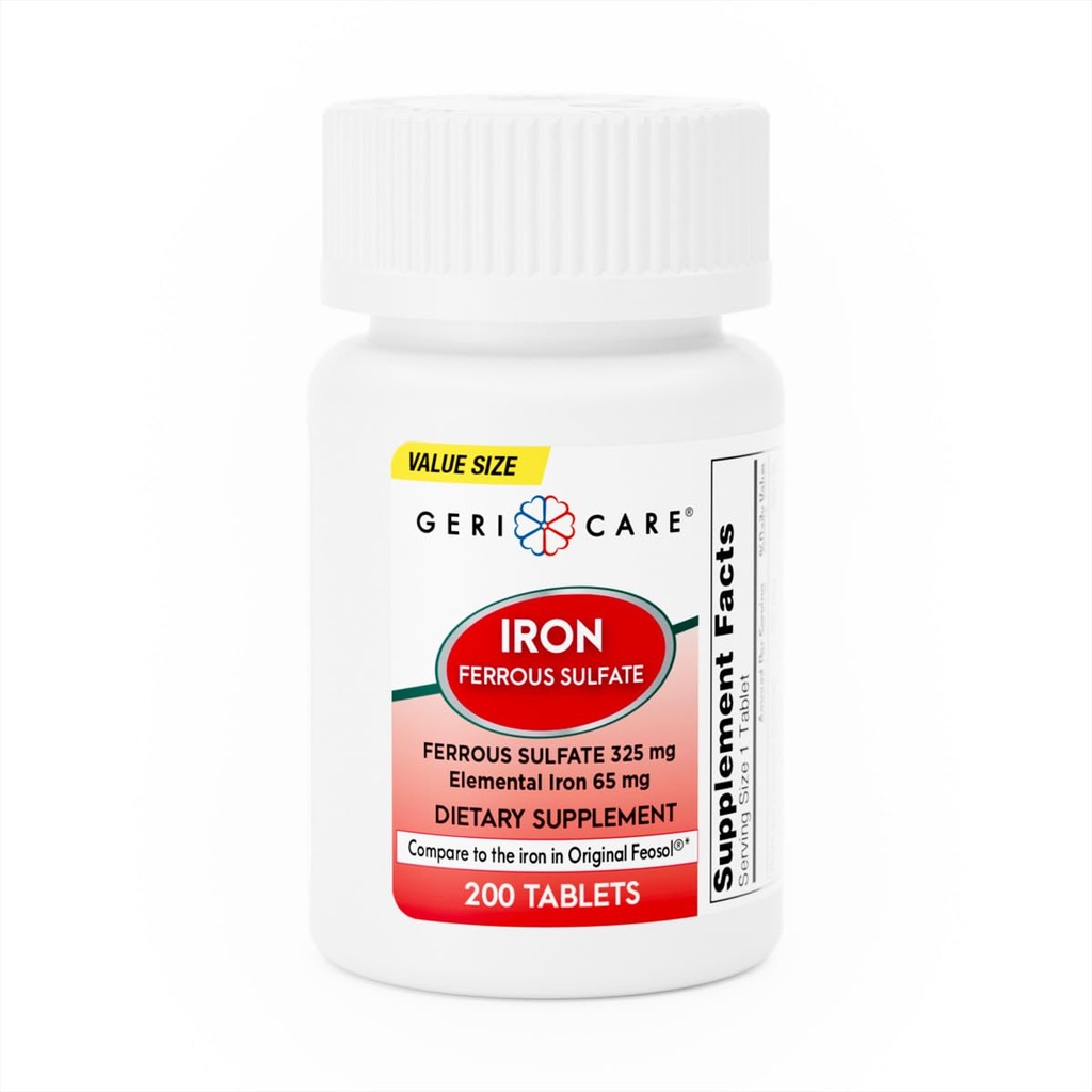 GeriCare Ferrous Sulfate Tablets 325mg, Elemental Iron 65 mg High Potency Iron Supplement | Dietary Supplement 200 Count. (Pack of 1)