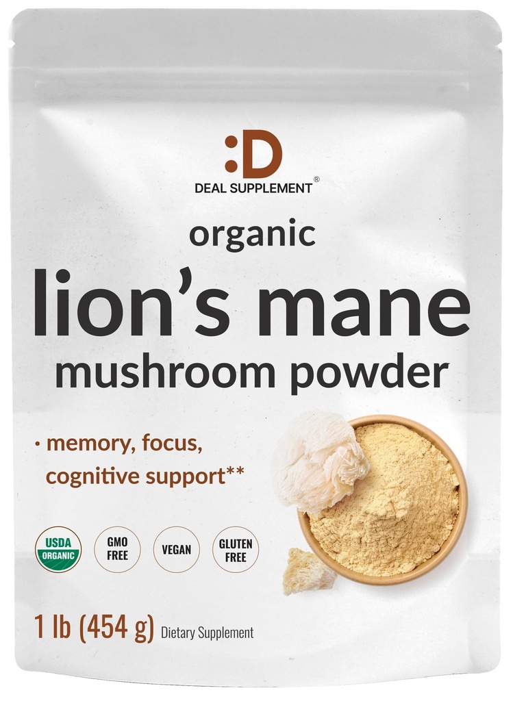 DEAL SUPLEMENT Organic Lions Mane Mushroom Supplement Powder, 1,500mg Per Serving, 1lb - Active Fruiting Body & Mycelium Extract - Natural Brain Nootropic & Immune System Booster - Non-GMO
