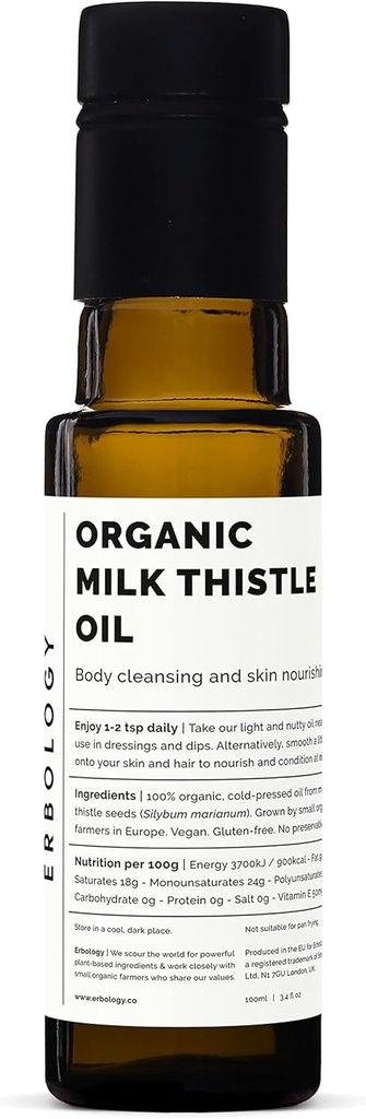 Erbology Organic Milk Thistle Oil 3.4 fl oz - Cold-Pressed - High in Vitamin E - Detoxifying - Straight from Farm - Non GMO - No Additives or Preservatives - Recyclable Glass Bottle