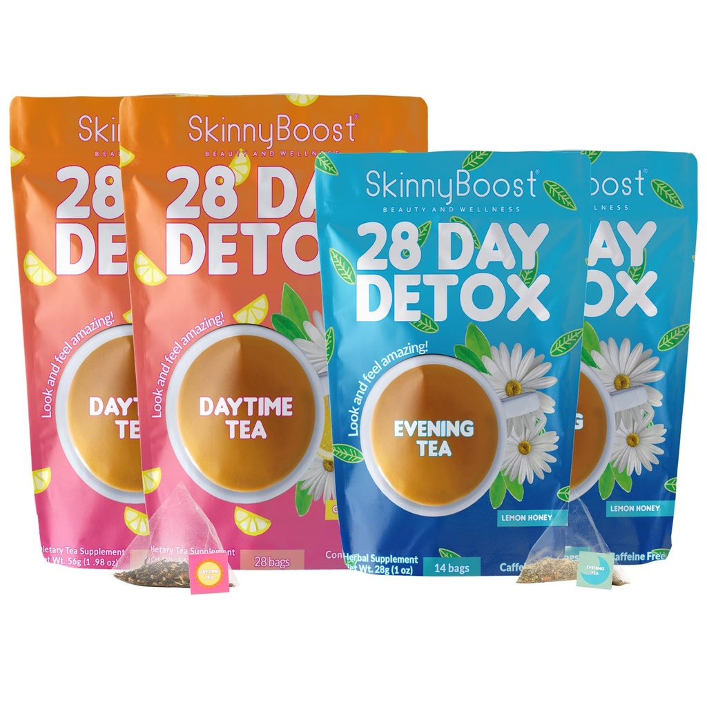 Skinny Boost Detox Tea Kit - 4 PACK - 2 Teas Daytime (56 Bags) 2- wieczorne Teas (28 Bags) - Herbal Detox dla wagi, Metabolizm, Energia, Bloating & Colon Cleanse - Zielona herbata, Wegan, Keto, Non-GMO, Sugar- Free