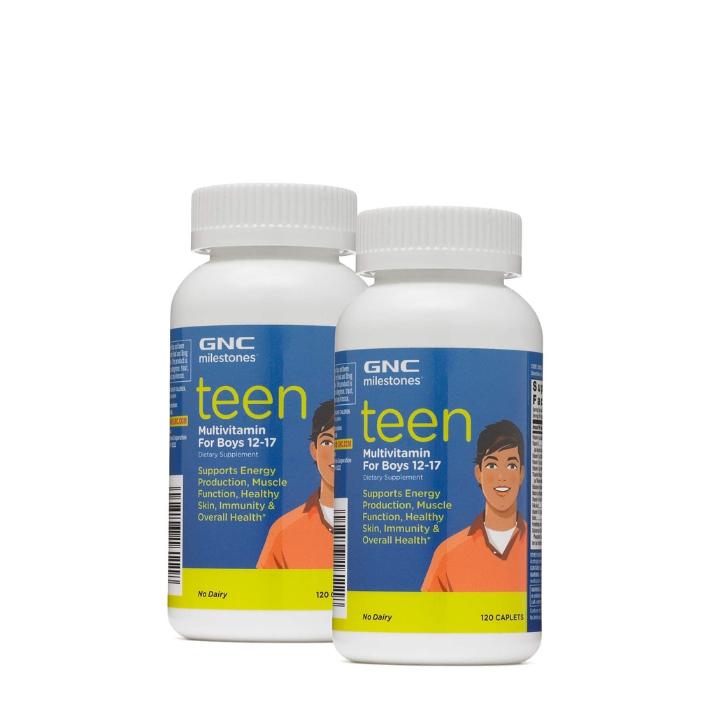 GNC Milestones Teen Multivitamin dla chłopców 12- 17, Twin Pack, 120 Kapsułki na butelkę, Wspomaga produkcję energii i funkcje mięśni