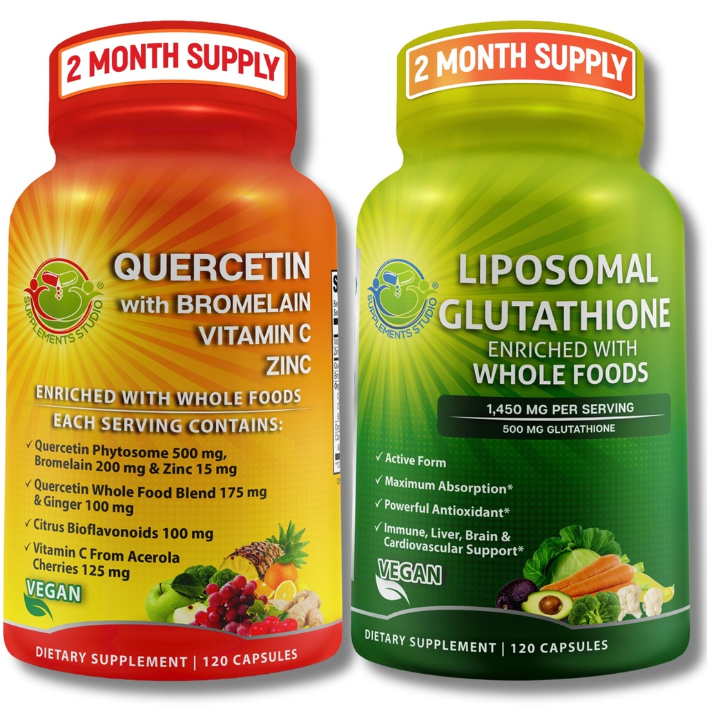 Immune & Cellular Support Bundle - Liposomal Glutathione 500mg z Whole Foods & Quercetin z Bromelain, Witamina C i Cynk Whole Food Complex - Wegan, Non-GMO, Clean Daily Wellness Support