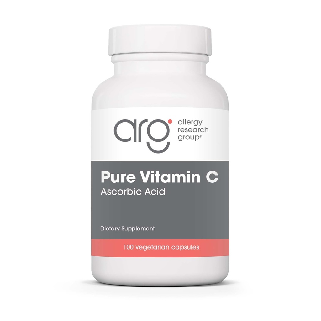 Alergia Research Group Pure witaminy C Suplement - Kwas askorbinowy, 1000mg Witamina organiczna C, Wysoka moc, Niebuforowany, Łagodna kwasowość, Kapsułki wegetariańskie - 100
