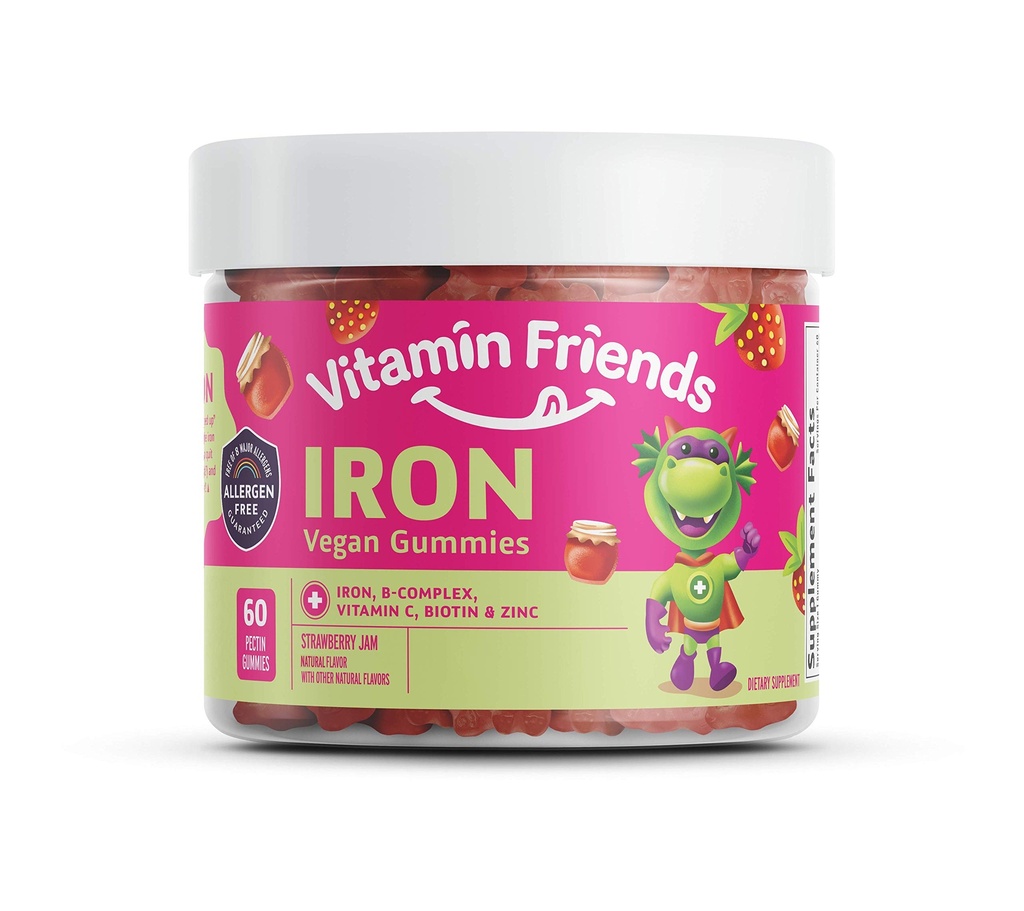 Witamina Przyjaciele - Wegańska Multivitamin & Żelazo dla dzieci - Codzienne wsparcie żywieniowe Gummies w / Żelaza żelaznego Fumrator B- Complex, Witamina C, Cynk, Biotin - Funkcje ciała & Anemia - Truskawka Jam (60 Day Supply)