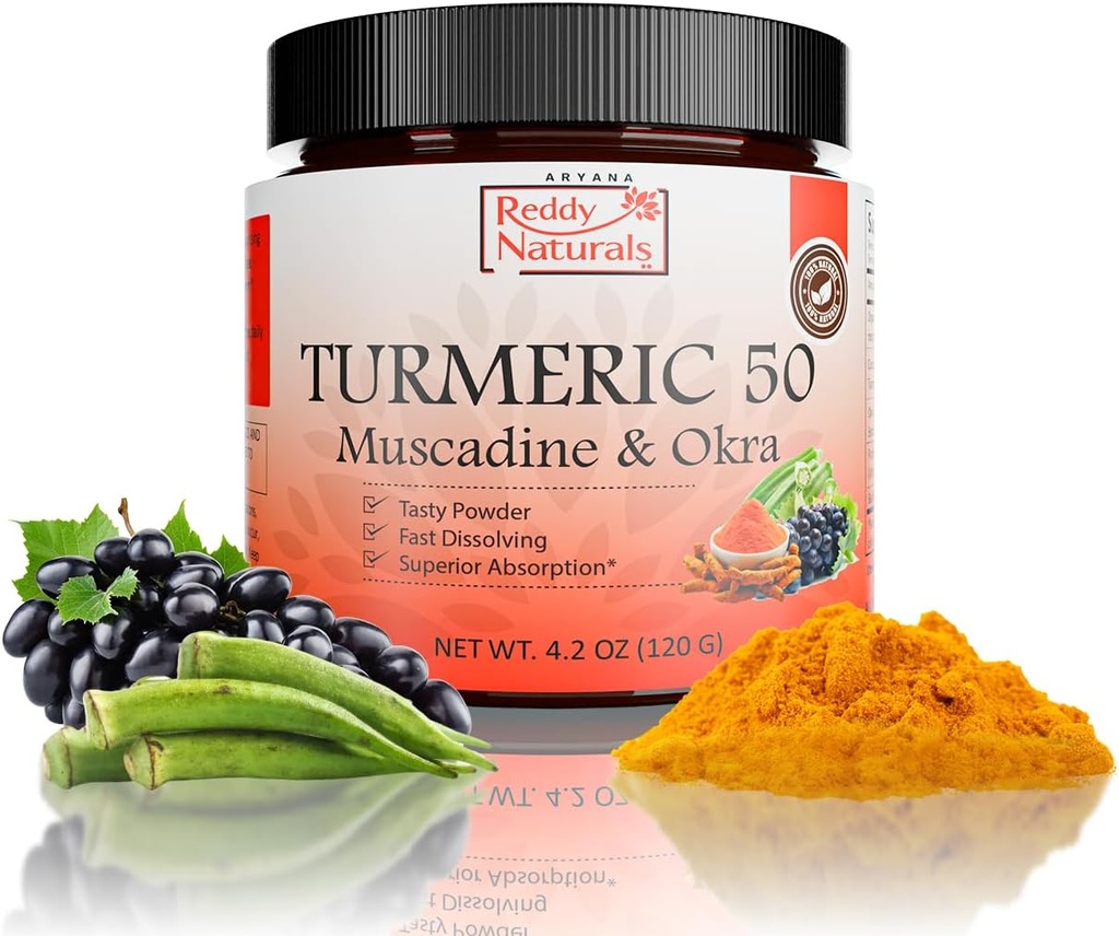 Reddy Naturals Aryana Turmeric 50 - Organic Turmeric Supplement Powder with Muscadine Grape & Okra - Fast- Rozpuszczanie, Plant- Based Formuła dla Codzienne Wellness - 30 Służenia