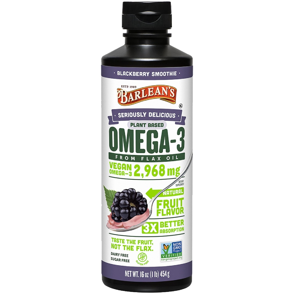Barlean 's Vegan Omega 3 6 9 Płynny olej lniany, BlackBerry Smoothie, Flax Seed Oil, 2,968 mg ALA Fatty Acid, Non-GMO and gluten Free, 16 oz