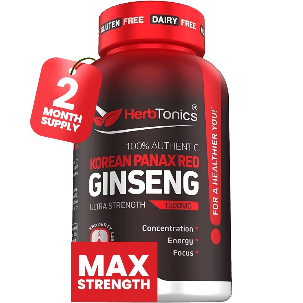 Herbtonics Koreański czerwony Panax Ginseng 1500mg - Suplement energetyczny dla Peak Performance, Focus & Vitality - Wysoka moc Ginseng Root Extract - 120 Vegan kapsułki