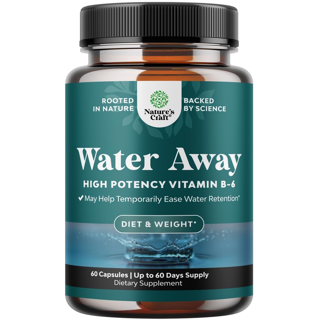 Water Away Herbal Diuretic Pills Wysoka wytrzymałość - Suplement do zatrzymywania płynów z Dandelion Leaf Extract & Green Tea for Bloating Relief for Women & Men - Kapsułki dla Nogi i Stopy Obrzęk - 60 Count