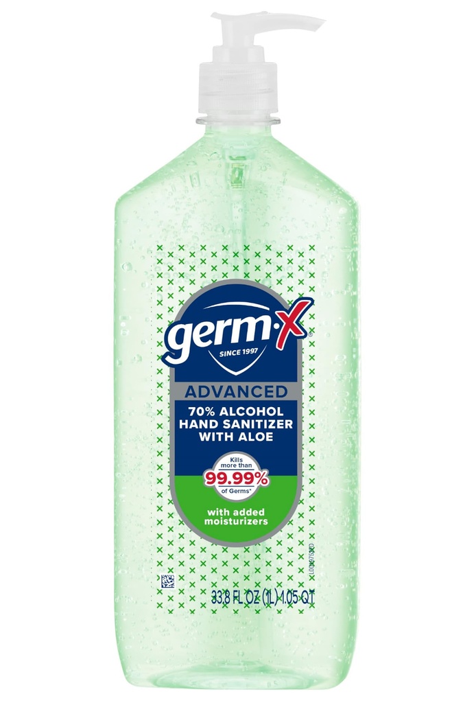 Germ- X Zaawansowany płyn do dezynfekcji rąk z Aloe i witaminy E, Non- suszenia nawilżający żel, Instant i nie Rinse Formula, Pompa butelka, Powrót do zaopatrzenia szkoły, 1 Liter