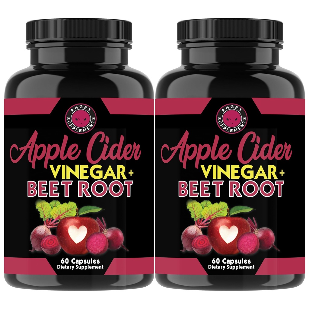 Angry Supplements Apple Cider Vinegar + Beet Root Powder Capsules, Pure ACV Beetroot 1000mg per Serving, Nitric Oxide Booster & Digestive Health for Men and Women 60ct, 2 Pack (120ct Total)