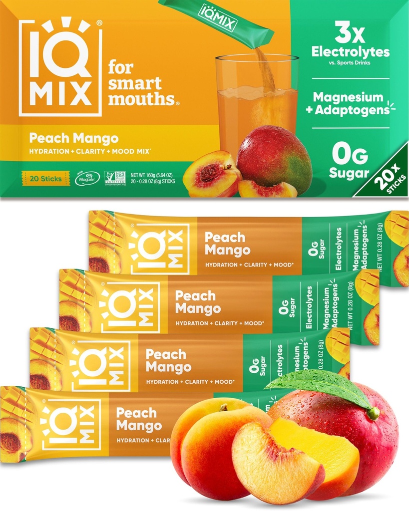 IQMIX Hydration Electrolyte Powder - 4- in-1 Formuła do Hydration, Mental Clarity, Mood and Recovery - Sugar- Free Drink Mix, Keto, Magnezu L- Threonate, Lwie 's Mane - 20 Count Peach Mango