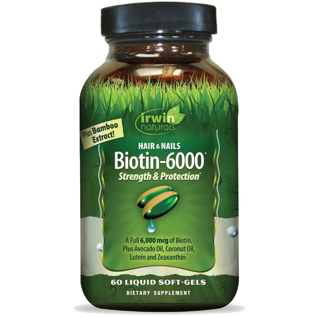 Irwin Naturals Biotin- 6000 Wspiera zdrową skórę, włosy i paznokcie - 60 płynnych softgeli - Siła + Ochrona z High Potency 6000 µg, Bamboo, Awokado, Kokosowe & Więcej - Maksymalna absorpcja