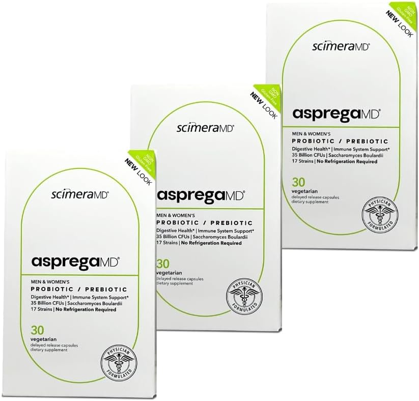 Asprega 30CT - Probiotic + Prebiotic Supplement DEVE 124; 17 Strains, 35 Billion CFU EVE 124; Delayed Release EVE 124; Saccharomyces Boularii EVE 124; for Men & Women EVE 124; by ScimeraMD, 3- Pack