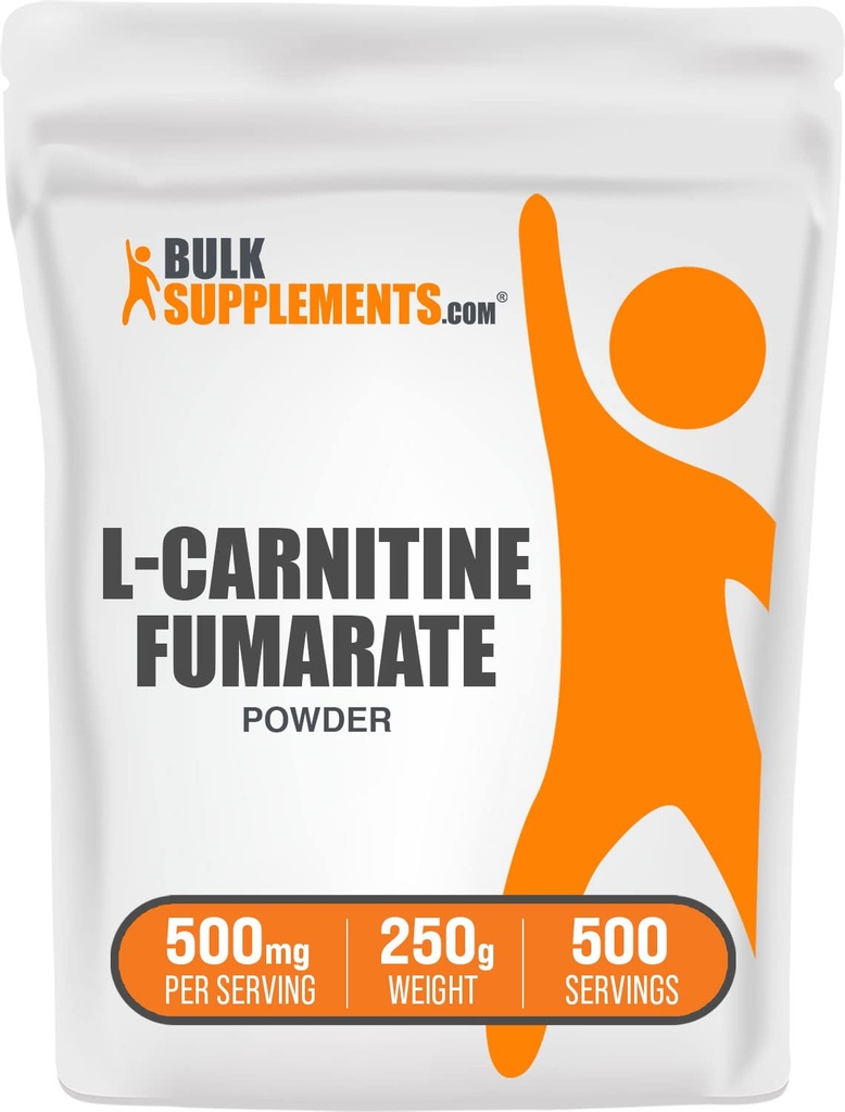 BulkSupplements.com L- Carnitine Fumaran Proszek - Suplement karnityny, Żywienie sportowe, L- Carnitine 500mg - Gluten Free, 500mg na jedną porcję, Gluten Free, 250g (8.8 oz) (Opakowanie po 1)
