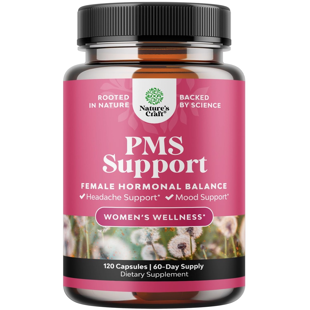 PMS Support Supplement for Women – Hormone Balance for Women & Menstrual Discomfort with DIM, Chasteberry, Black Cohosh & Ashwagandha - for Period Cramps Ease, Menopause Bloating, Mood Swing – 120 Ct