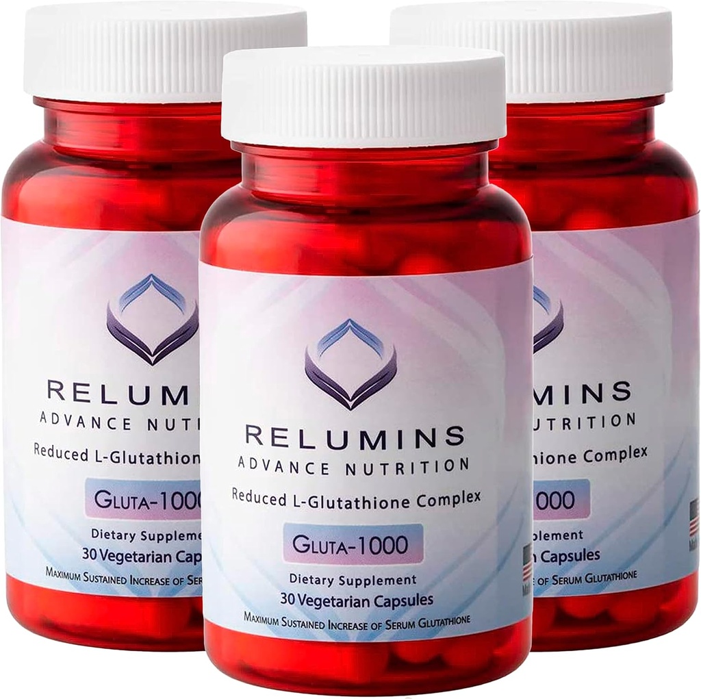 Reluminy Advance Nutrition Gluta 1000 - Reduced L- glutation, Alpha Lipoic Acid & Rose HIPS, Antyoksydant Support for Skin & General Wellness, Made in USA - 30 Capsules x 3 Butelki (45- Day Supply)