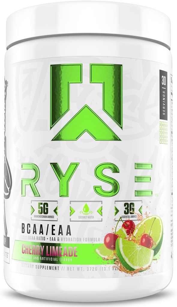 RYSE BCAA EAA Proszek - Cherry Limeade - 5g Acids rozgałęzionych łańcuchów aminokwasów, 3g Aminos esencjalnych, Elektrolity wolne od cukru dla Pre & Post Workout Odzysk mięśni, Nawadnianie i Siła - 30 Służenia