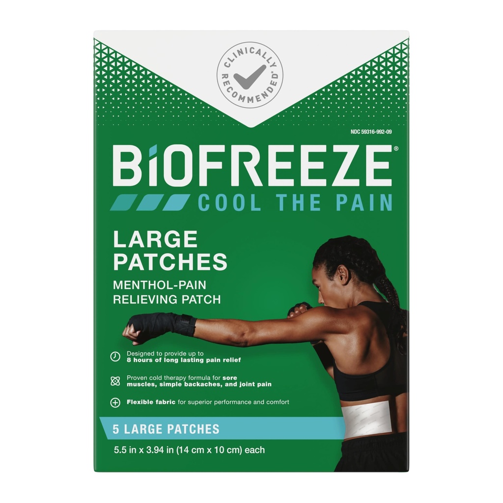 Biofreeze Duże łaty przeciwbólowe, Mentol Pain Patches for Lower Back, Neck, Knee, & Shoulder, Comfortable & Elastyczne Stays Fabric w miejscu, FSA Kwalifikowalne, 5