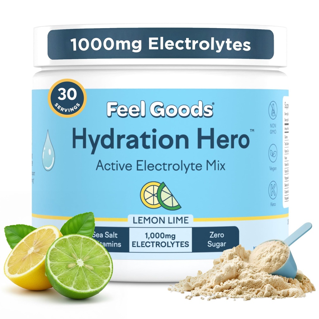 Feel Goods Hydration Hero, 1,000mg Electrolytes Powder, Sugar Free, Magnez, Organic Aloe Vera, Organic Aloe, L Theanine, Witamina C & B12, Nie GMO, Keto, Wegan 124; Lemon Lime, 30 Służenia