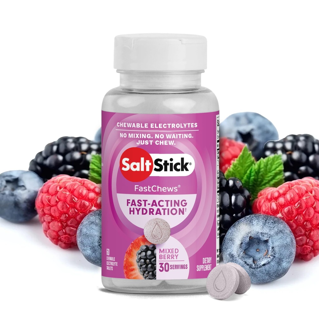 SaltStick Electrolyte FastChews - 60 mieszanych wiśni do żucia Electrolytes - Solne tabletki do biegania i nawadniania, Electrolyte Chews - 60 liczenia