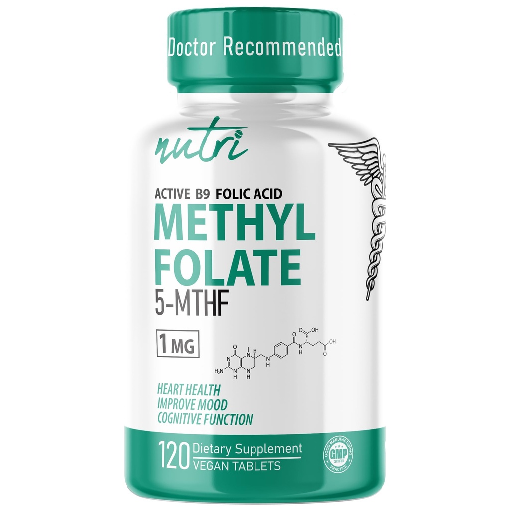 Nutri 5- MTHF L Metylfolan 1MG - 4 Miesiące Dostawy, 120 Wegańskie tabletki - Metylowany suplement foliowy - Funkcja kognitywna, Heart Health, Wsparcie prenatalne - Trzecia strona Tested - NSF Certified Facility