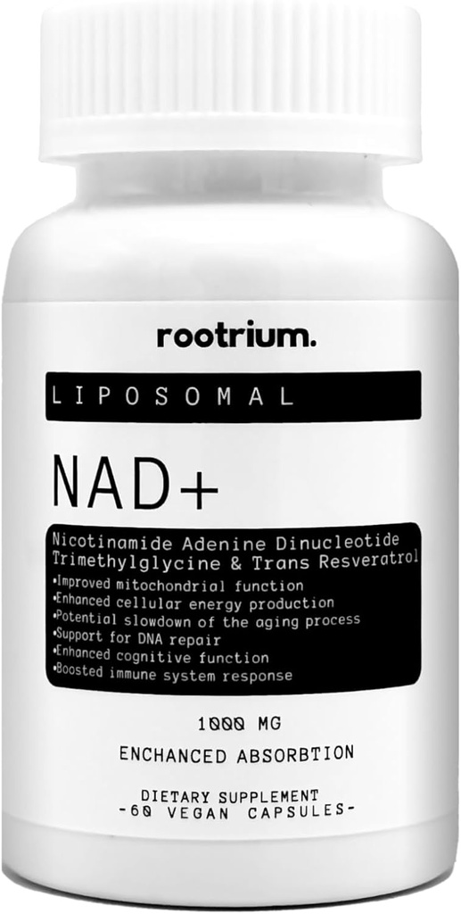 Rootrium Liposomal NAD + 1000mg z Resveratrol & TMG - Trzy w One Enhanced Energy, DNA Repair & Anti-Aging Formula - Boost Brain Function & Cellular Health, 60 Kapsułka wegetariańska