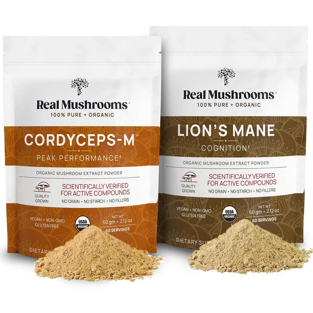 Lions Mane (60g) i Cordyceps (60g) Mushroom Extract Powder Bundle - Mushroom Supplement for Cognition, Energy and Endurance