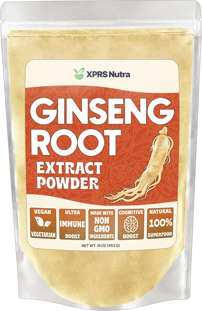 XPRS Nutra Ginseng Root Extract Powder - Ginseng Powder Wspiera funkcje poznawcze, sprawność fizyczną i układ immunologiczny - Wegańska Przyjazna Panax Ginseng w postaci proszku (16 uncji)