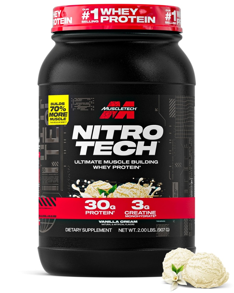 Muscletech Serwatka w proszku (krem waniliowy, 2.2 funt) - Nitrotech Ultimate Muscle Building Formula z izolatem białka serwatki - 30g białka, 3g kreatyny i 6.8g BCAA - Packaging May Vary