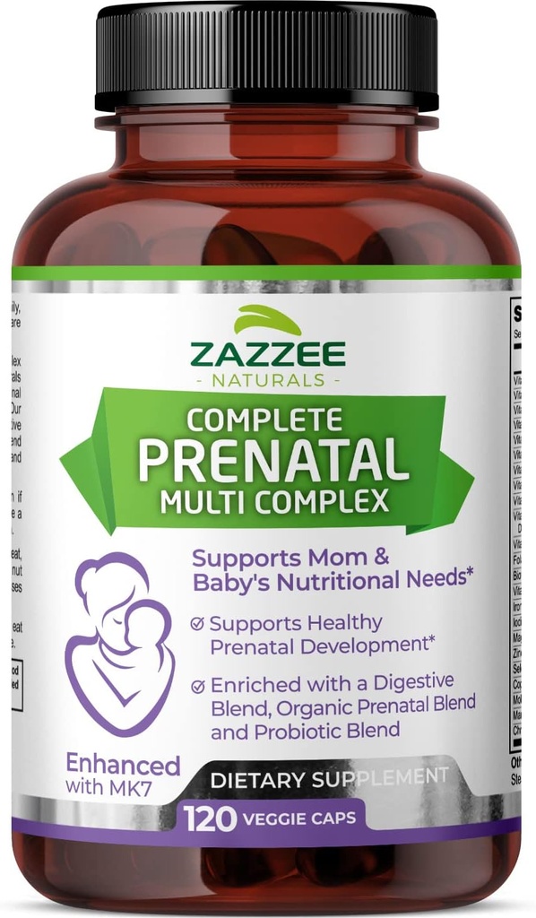 Zazzee Extra Siła Kompletny Prenatal Multi Complex, 120 Kapsułki wegańskie, 2 Supply Month, 23 Esential Vitamin & Minerals, MK7, 10 Miliard CFU Probiotyki, Enzymy prenatalne, Organic Herbal Mieszanka