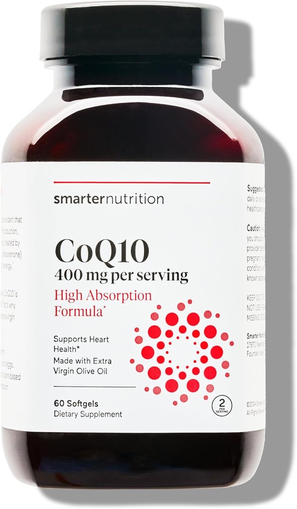 SMARTERNUTRITION CoQ10 400 mg Wysoka absorpcja - naturalnie fermentowany Ubichinon w / Organic Cold- Pressed Olive Oil - for Heart Health, Cellular Energy - Non-GMO, Gluten Free - 60 Count [30- Day Supply]