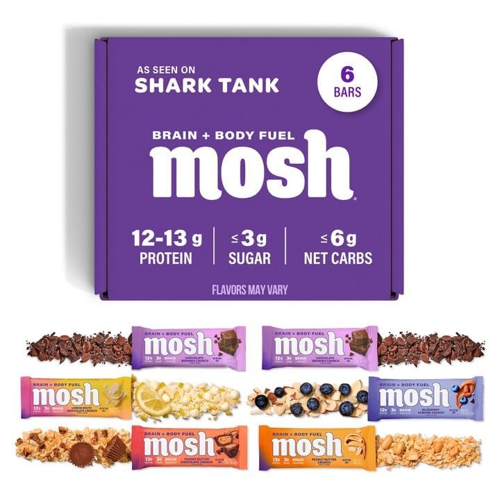 MOSH Variety Pack Keto Protein Bars, High Fiber, Low Carb, Gluten Free, wysoki poziom białka, Mózg zdrowe przekąski z Ashwagandha, Lwie grzywa, 6 Hrabia