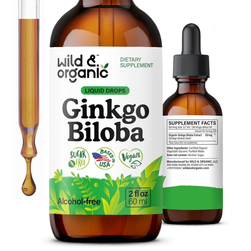 Wild & Organic Ginkgo Biloba Tincture - Wsparcie dla mózgu i focus z dodatkiem Ginkgo Leaf Supplement - Vegan, Sugar & Alcohol- Free Herbal Extract Tincture - 2 fl oz