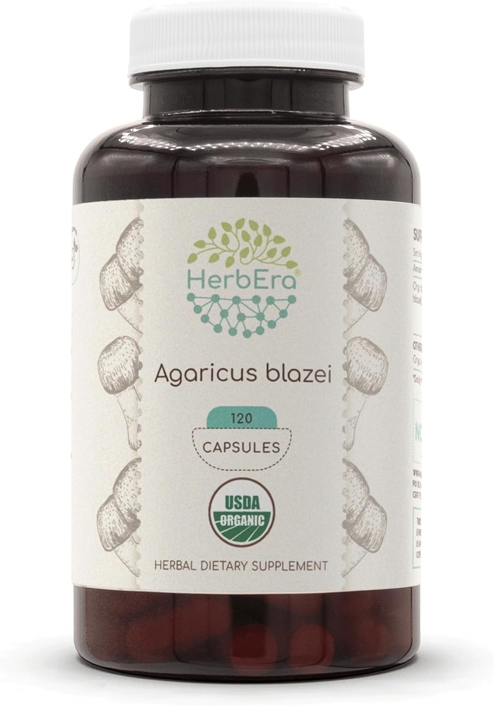 HerbEra Agaricus Blazei USDA Organic 120 Kapsułki 124; Natural Herbal Supplement Agregat 124; Certified Organic Vegetarian Capsules and Organic Agaricus Blazei (Agaricus blazei murill) Suszony Mushroom (120 Kapsułki)