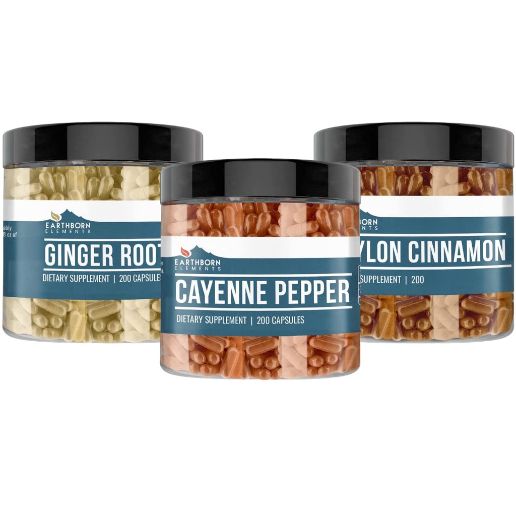 Earthborn Elements Cayenne Pepper, Ceylon Cynamon & Ginger Korzeń Bundle (200 Kapsułki każdy), Czysty i Nierozcieńczony, Brak dodatków