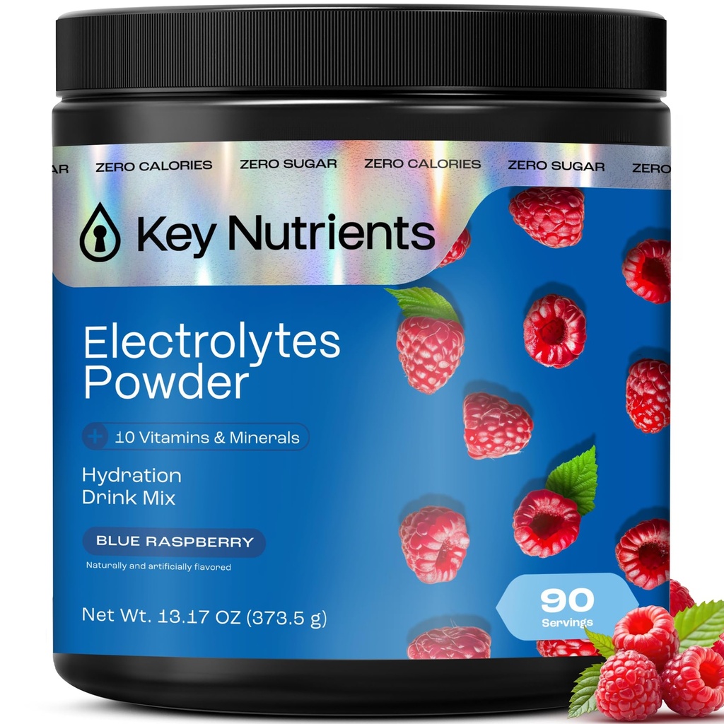 Numery KLUCZOWE Multiwitamina Electrolytes Powder No Sugar - Sweet Blue Raspberry Electrolyte Powder - Endurance & Suplement energii - Hydration Powder - No Calories - 90 Służenie - Made in USA